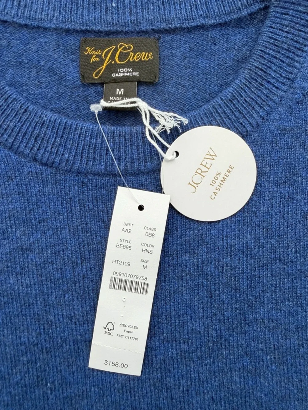 J.Crew 100% Cashmere Crewneck Sweater Navy Men’s M Classic Knit Underarm Repair